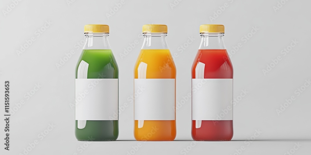 Poster juice bottle mock up featuring three bottles presented with a blank label for customization. this ju