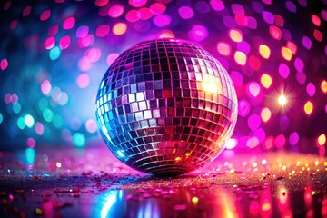 Obraz premium Shimmering disco ball reflects vibrant nightclub lights, painting the pink-hued space with dazzling color.