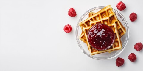 Delicious Viennese waffles served with raspberry jam in a glass bowl, set against a white background. A top down view showcasing the delightful combination of Viennese waffles and raspberry jam.