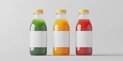 Obraz premium Juice Bottle Mock Up featuring three bottles presented with a blank label for customization. This Juice Bottle Mock Up provides a clean canvas for showcasing branding and design ideas.