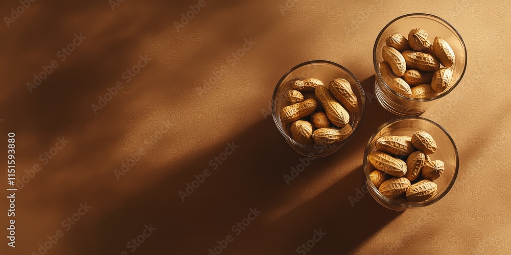 Poster high angle view of peanuts in glasses showcased on a brown background, with an emphasis on the delig