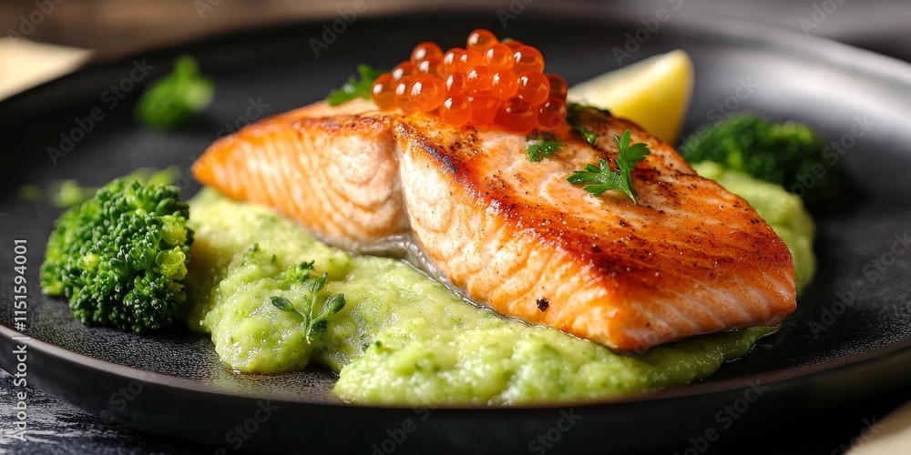 Poster salmon fillet served with a smooth broccoli puree, complemented by lemon and vibrant red caviar. enj