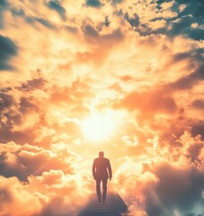 Obraz premium A person stepping into radiant clouds and light, representing faith, heaven, and the path to paradise