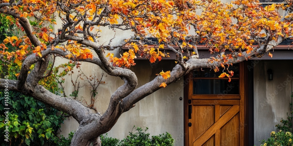 Poster branches of a tree displayed prominently in front of a house create a beautiful natural element, enh