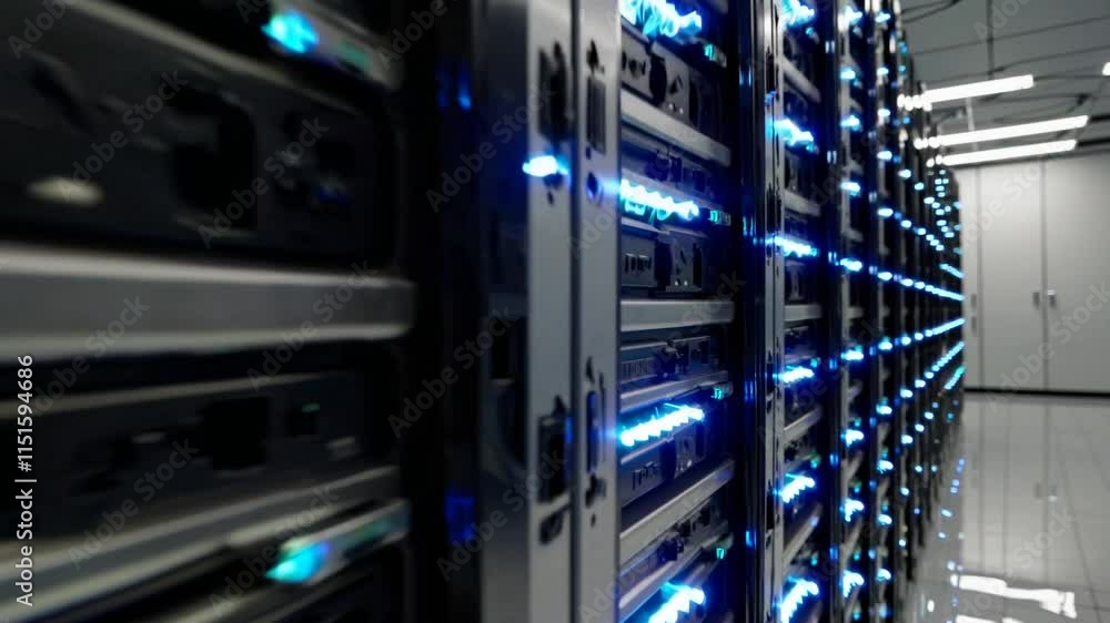 Aufkleber a modern data center with rows of servers illuminated by blue led lights, showcasing cutting-edge te