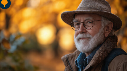 Senior man with backpack hiking in nature, resting.
