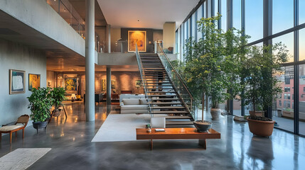 Fototapeta premium Modern city view apartment with glass walls and indoor plants