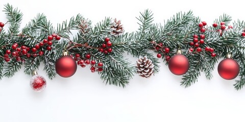 Holiday setting featuring festive decorations and fir tree branches against a white backdrop, creating a cheerful Christmas atmosphere.