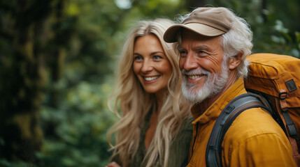Fototapeta premium Loving mature adult gray-haired senior adult couple embracing on outdoor excursion. Two smiling relaxed seniors enjoying freedom and a healthy lifestyle in nature during their retirement