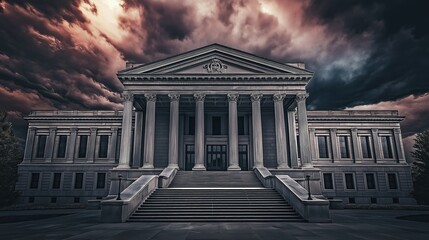 Fototapeta premium Dramatic courthouse exterior featuring towering stone columns and grand architecture, symbolizing justice, authority, and the importance of legal proceedings in society.