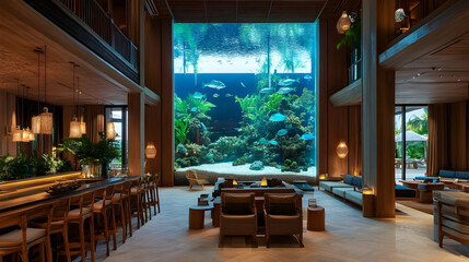 Fototapeta premium Luxury Hotel Lobby with Stunning Indoor Aquarium