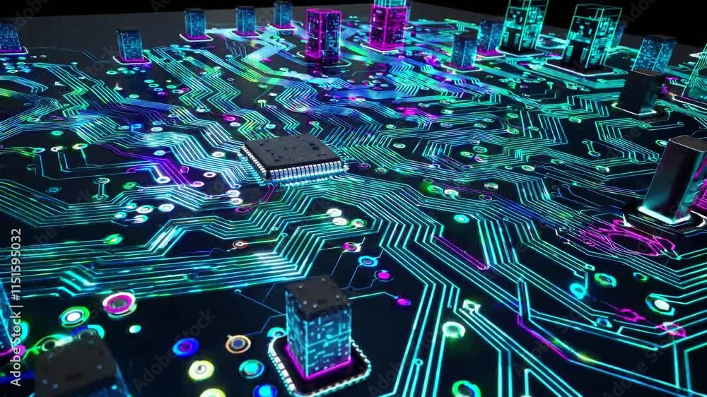 Poster abstract close-up of a colorful circuit board design, showcasing intricate patterns, chips, and glow