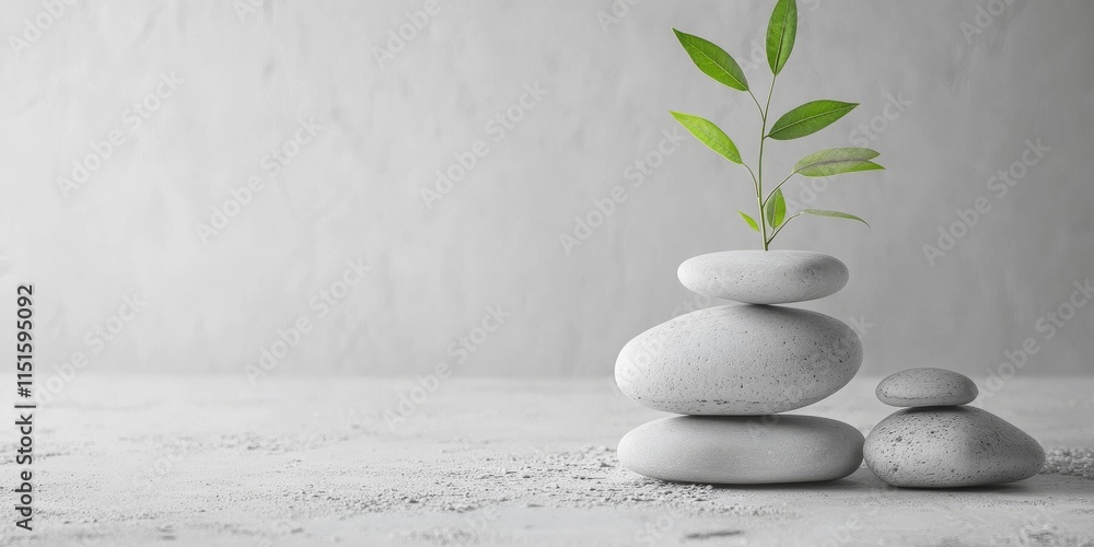 Poster minimalist nature image featuring a single plant set against a white background, complemented by sta