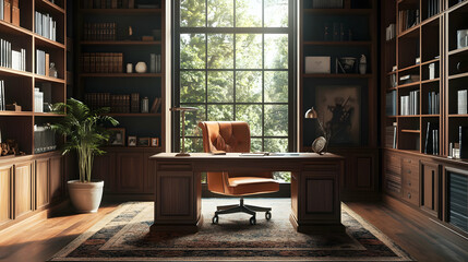 Elegant Home Office Design with Wooden Desk and Large Window