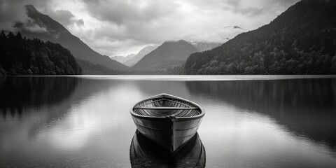 Monochrome boat on a serene lake surrounded by mountains, beautifully framed in black, captures the essence of tranquility and nature, perfect for showcasing the harmony of black and white imagery.