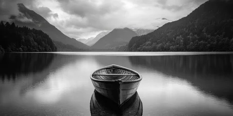 Gordijnen Monochrome boat on a serene lake surrounded by mountains, beautifully framed in black, captures the essence of tranquility and nature, perfect for showcasing the harmony of black and white imagery. © Levan