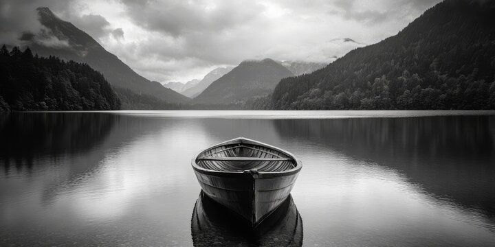 Monochrome boat on a serene lake surrounded by mountains, beautifully framed in black, captures the essence of tranquility and nature, perfect for showcasing the harmony of black and white imagery. - Powered by Adobe