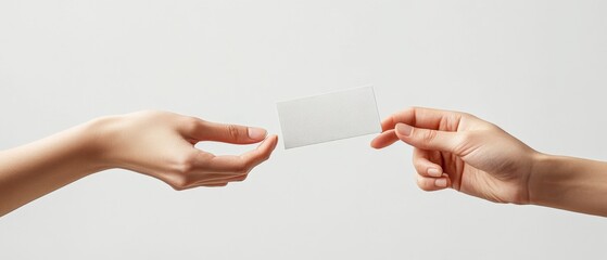two hands exchanging a card on a plain background