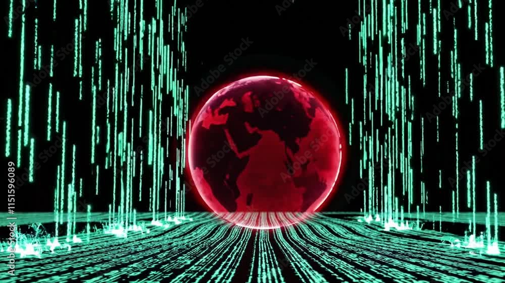 Poster futuristic digital landscape with glowing data streams and a red planet, perfect for technology and 