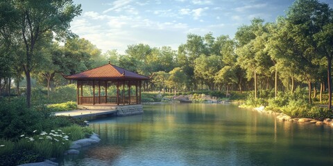 Fototapeta premium Serene lake surrounded by lush forests and a charming pavilion, creating a picturesque scene for nature lovers. The lake reflects the beauty of the forests and the pavilion enhances the tranquil