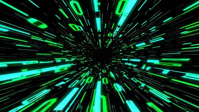 Futuristic digital data stream with green binary code accelerating into a void. Represents data, speed, and technology innovation.