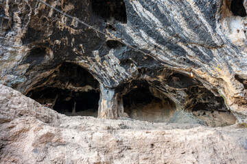 Interior of the large hall of old Karain cave, hidden in Mediterranean region. Confirms human...