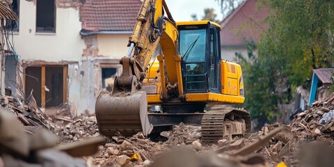 A digger is actively involved in the demolition of houses, facilitating the process of reconstruction. This digger plays a crucial role in the demolishing of structures for new developments.