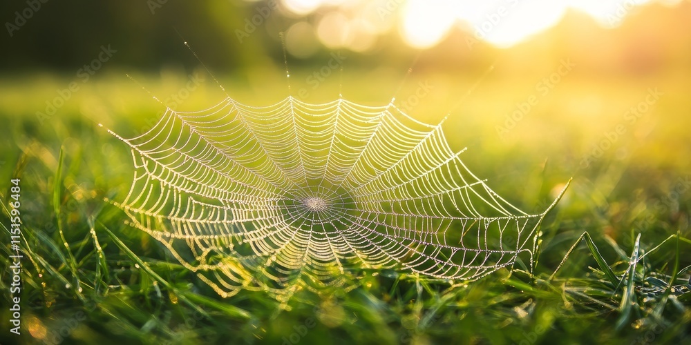 Poster spider web delicately rests on lush grass in an open field, showcasing the intricate design of the s