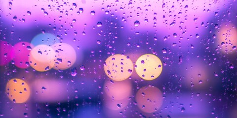 Rain drops on the glass create a mesmerizing effect, enhancing the beauty of the purple blurred background. The interplay of rain drops and the purple background captivates the viewer s eye.
