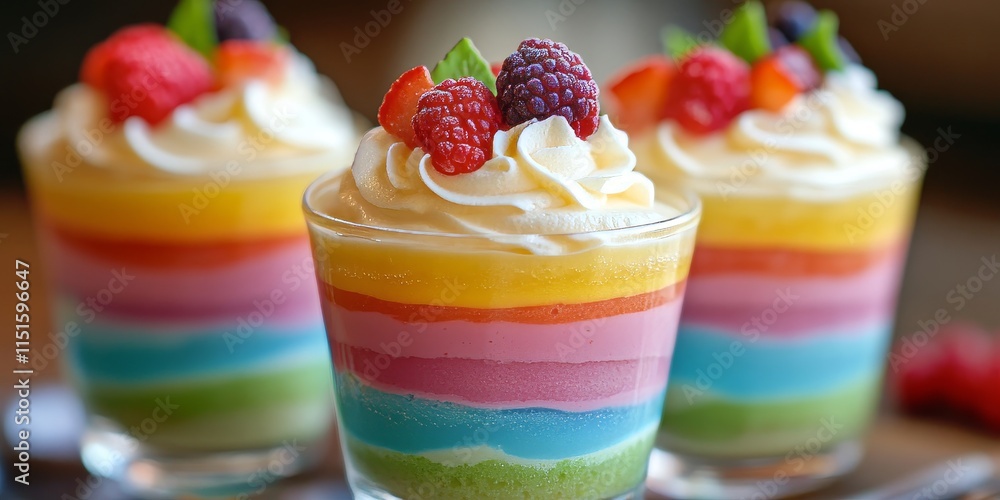 Poster colorful rainbow pudding layers showcase a variety of flavors and hues. each unique pudding layer fe