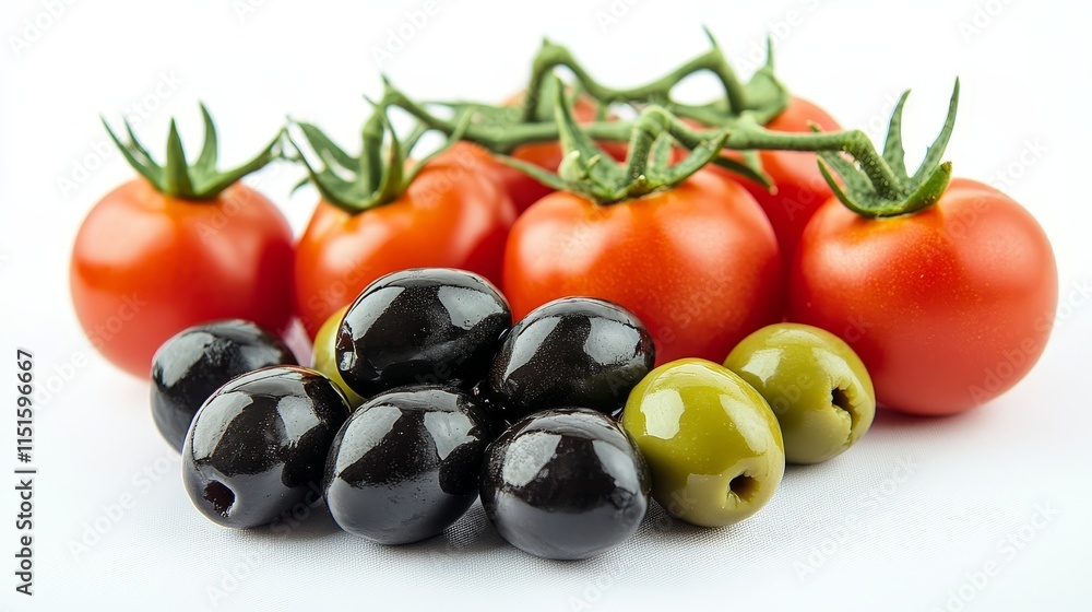 Aufkleber fresh tomatoes alongside black and green olives are displayed on a white background. this horizontal