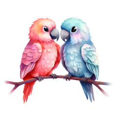 A digital painting depicts two brightly colored parrots sitting closely together on a branch, conveying a sense of love and affection.