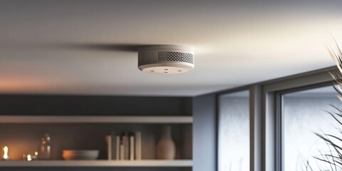 Smoke detector mounted on ceiling for safety, ensuring timely alerts for fire hazards. This essential smoke alarm provides crucial protection in residential settings with its reliable detection