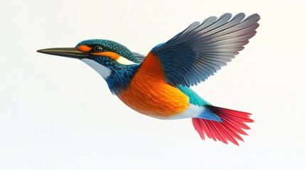 colorful kingfisher bird in flight against a white background