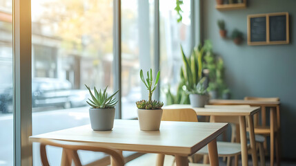 Fototapeta premium Cozy Cafe Interior with Potted Plants and Wooden Tables