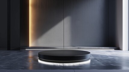 A polished, white podium displaying a high-tech gadget, with soft shadows and spotlighting creating a sharp, modern contrast.