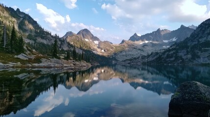 Fototapeta premium Serene Mountain Lake Reflection: A Stunning Panorama of Nature's Beauty