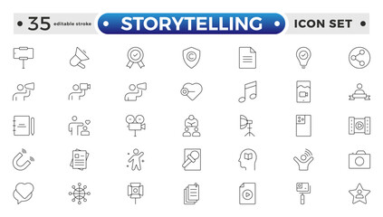 Storytelling and content creator Outline icon, creative campaign among blog audience, article and typewriter of author. Storytelling editable stroke outline icon.
