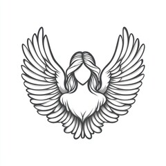 Angel with wings, monochrome illustration.