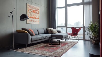 Modern Apartment Living Room Interior Design with Panoramic Windows