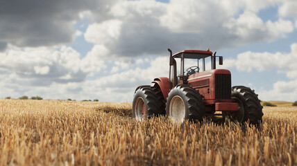 Obraz premium a tractor cutting on his farm during mid-day with a low Angle seen from frontside 