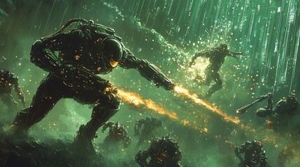 Futuristic Soldiers Engaged in a Fiery Battle Under a Green Sky