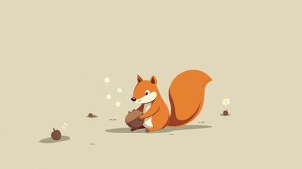 Fototapeta premium Curious Squirrel Holding an Acorn - Minimalist Vector Illustration