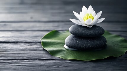 Fototapeta premium Zen stones are carefully balanced on a lotus leaf, creating a serene scene against a gray wooden background, emphasizing tranquility and balance in this zen stones composition.