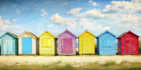 Obraz premium Colorful beach huts along a scenic coast, showcasing vibrant designs, are a charming feature of coastal areas known for their unique beauty and appeal, perfect for seaside retreats and relaxation.