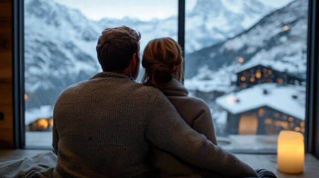 Cozy couple cuddling in scenic mountain lodge with snow outside
