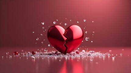 Vibrant red broken heart surrounded by shards creates a compelling depiction of pain, heartbreak, and intense emotions in a romantic or symbolic context.