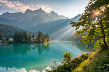 Idyllic panorama view of the lake Oeschinensee in day Location place Swiss alps Kandersteg Bernese Oberland Europe Scenic image of most popular tourist attraction Discover the beauty of earth