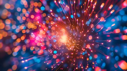 Obraz premium A vibrant display of starburst fireworks in neon colors, with a bold 