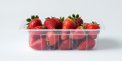 Strawberry in a plastic container is showcased against a white background. This image features strawberries in a clear punnet, providing a closeup front view of fresh strawberries.